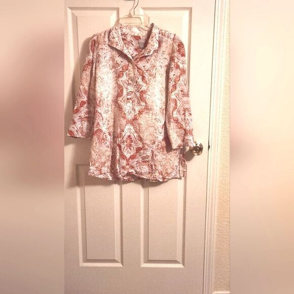 Chico's 1/M Orange White Paisley Print 100% LINEN 3/4 Slv 1/2 Button Women's Top - Picture 6 of 12